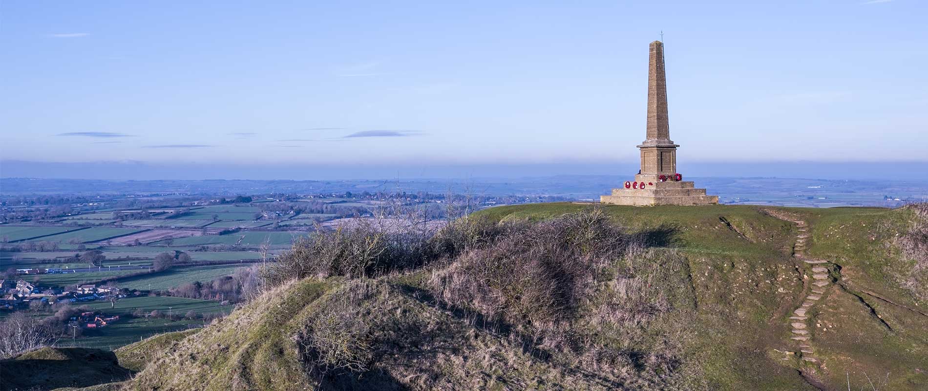 View of Ham Hill Monument looking across the countryside and villages covered by the Hambook